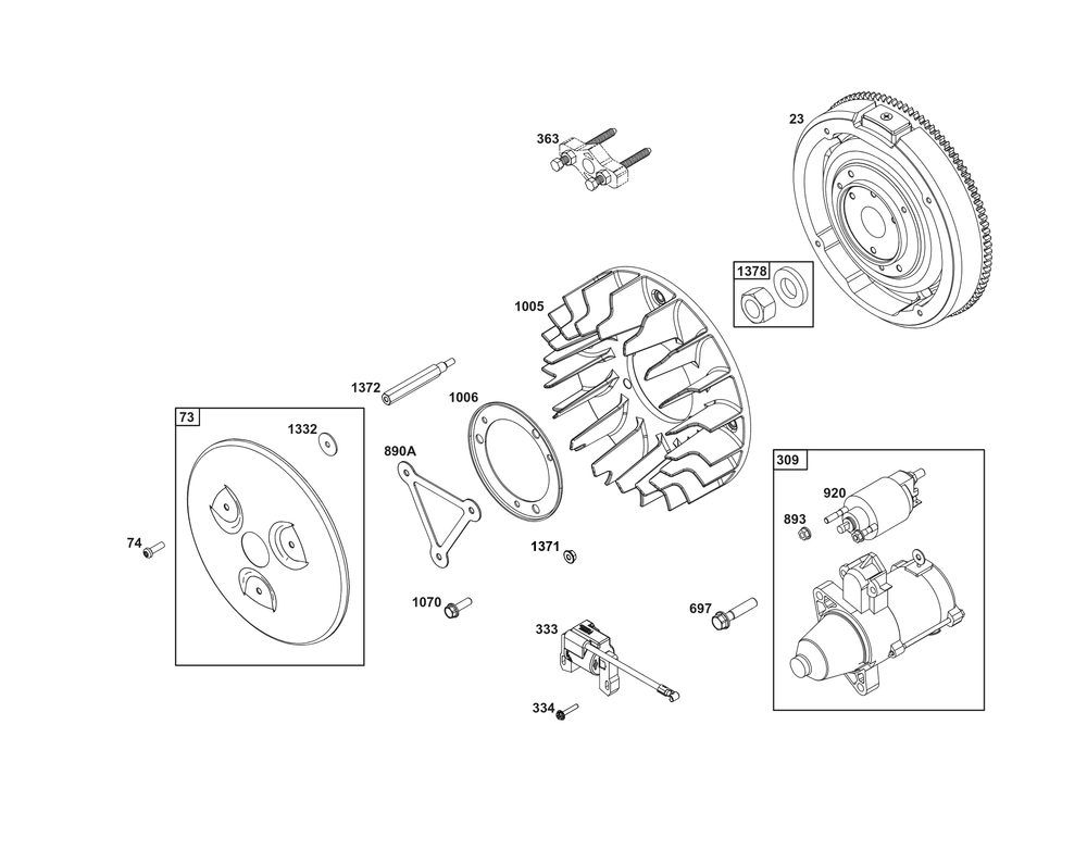 Flywheel, Ignition, And Starter Group Diagram and Parts List for 540477-2222-G1 400000 - 699999 Briggs and Stratton Engine